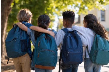 Schoolchildren with backpacks walking together outdoors, arms around one another.