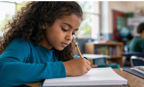 A student writing in her notebook in a sunlit classroom.