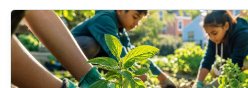 Hands planting a young tree in a community garden.