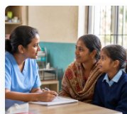 A community health worker meets with a mother and child.
